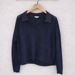 Reiss Navy Matilda Cotton Blend Open Collar Sweater - Size L